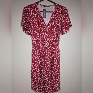 FENSACE Floral Faux Wrap Dress Womens Small Red Fit Flare Midi Cottagecore Stret